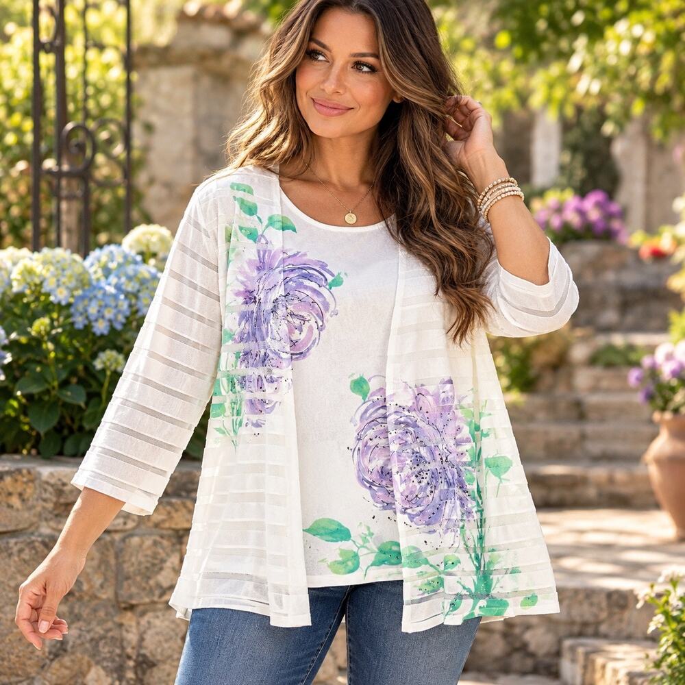 NWT Alfred Dunner Sz XL Floral Layered Top Rhinestone Romantic Cottagecore Tunic